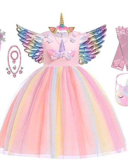 Kids Unicorn Dress for Girls Party Dresses Flower Appliques Ball Gown Little Girl Princess Costumes Summer Children Clothing