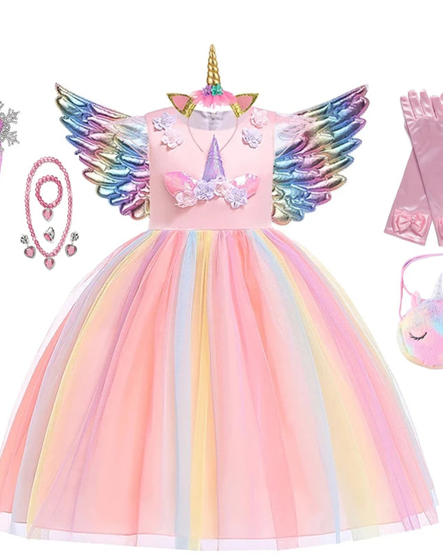 Kids Unicorn Dress for Girls Party Dresses Flower Appliques Ball Gown Little Girl Princess Costumes Summer Children Dresses