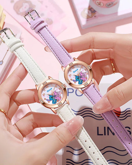 Fashion Cartoon Pattern Stitch Girls Watches Kids Leather Strap Children Watch with Rhinestone Dial reloj stich Exquisite Gift