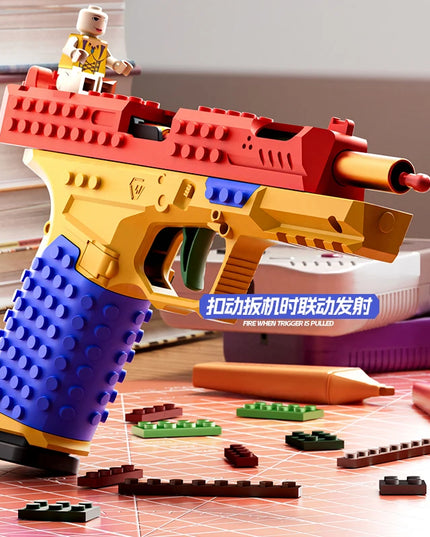 Building Block Pistol Shell Throwing Continuous Firing Airsoft Blowback Empty Hanging Toy Gun Outdoor CS Weapon for Boys Adult