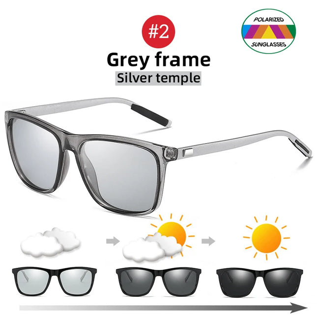 Classic Fishing Sunglasses Men Polarized Metal Square Frame UV400 Photochromic Goggles Women Driving Discoloration Eyewear