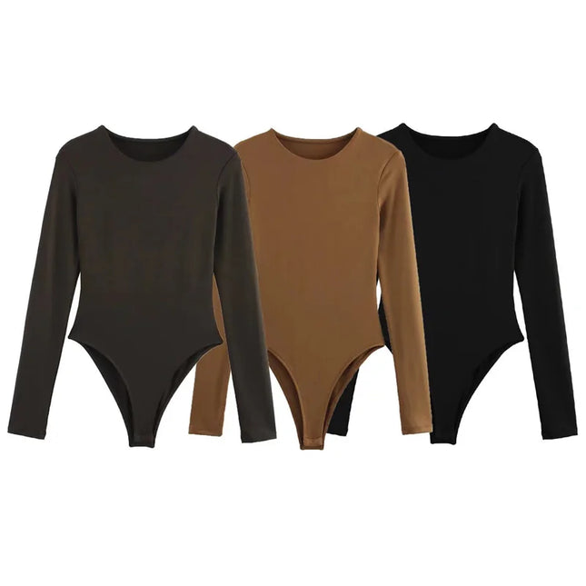 HXAO 2025 Bodysuit Women Body Sexy Women Black Brown Dark Brown Slimming Bodysuit Thong Long Sleeve Top Rave Basic Bodysuit 066