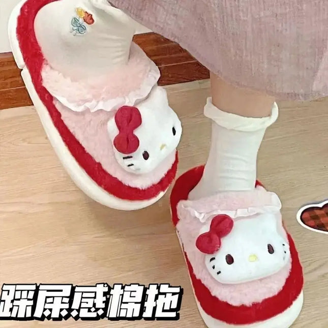 Anime Cartoon Kawaii Hello Kitty My Melody Cinnamoroll Kuromi Slippers Cute Home Thick-Soled Plush Slippers Girls Surprise Gift