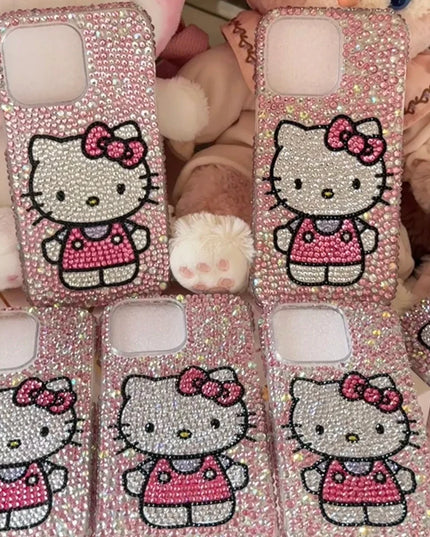 Hello Kitty Rhinestone Bling Crystal Phone Case Chain For iPhone 16 12 13 14 15Pro Max X Xs XR 7 8 Plus SE 2 3 10 Transparent Bu