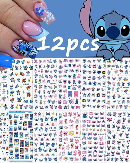 12sheet Cartoon Stitch Angel Nail Stickers Set Multiple Action Kawaii Stitch Nail Art Decals Adhesive Kids Manicure Decorations