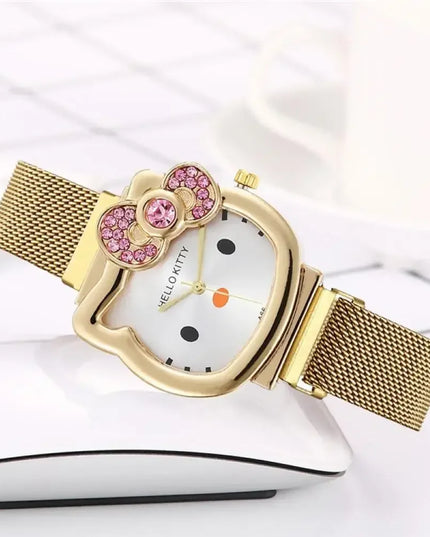 Hello Kitty Bow Diamond Watch Sanrio Anime Fashionable Quartz Watches Cute Cartoon Magnet Watches Girls Birthday Gifts