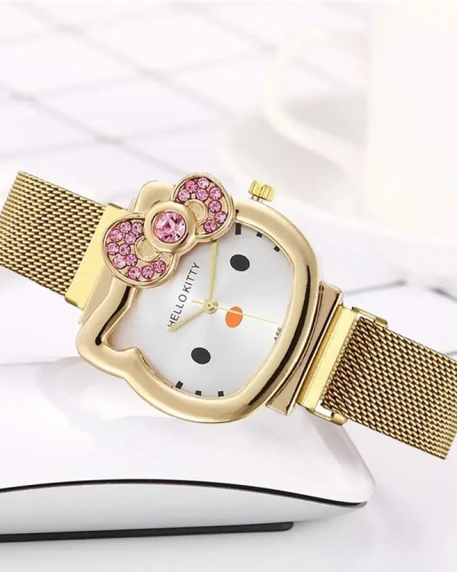 Hello Kitty Bow Diamond Watch Sanrio Anime Fashionable Quartz Watches Cute Cartoon Magnet Watches Girls Birthday Gifts