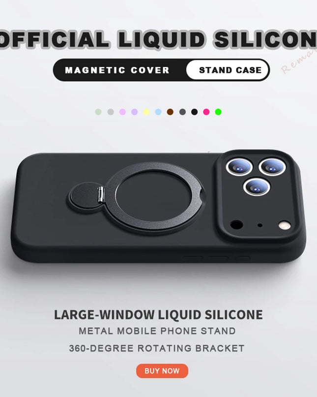 360 Magnetic Stand Liquid Silicone Phone Case For iPhone 17 Air 13 14 15 16 Pro Max Plus Magsafe Charge Holder Protector Cover