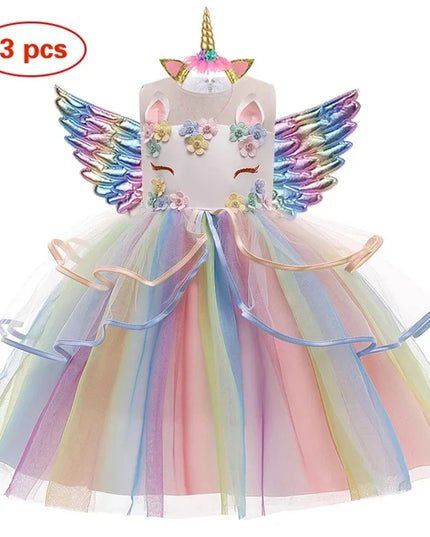 Girl Unicorn Cosplay Dress Children Party Birthday Princess Costume Sleeveless Trailing Wedding Christmas Outfit Girl Clothing