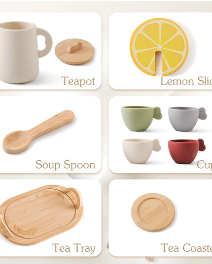 Wooden Montessori Toys Toddler Pretend Play Tea Party Set Silicone Teapot Cups Wood Tray Scoop Toys for Kids Birthday Gift