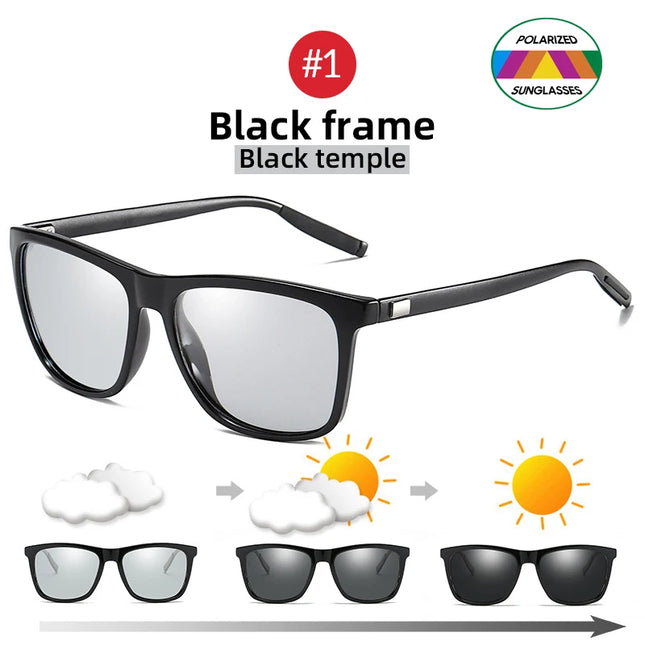 Classic Fishing Sunglasses Men Polarized Metal Square Frame UV400 Photochromic Goggles Women Driving Discoloration Eyewear