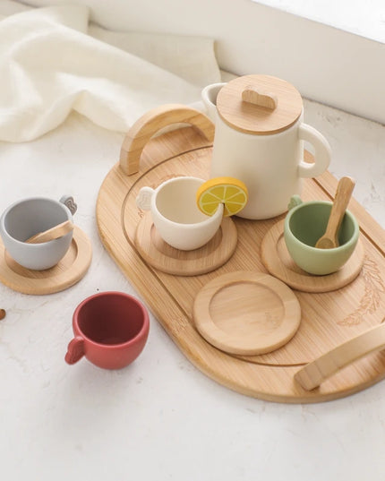 Wooden Montessori Toys Toddler Pretend Play Tea Party Set Silicone Teapot Cups Wood Tray Scoop Toys for Kids Birthday Gift