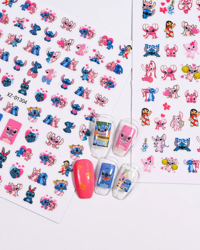12sheet Cartoon Stitch Angel Nail Stickers Set Multiple Action Kawaii Stitch Nail Art Decals Adhesive Kids Manicure Decorations