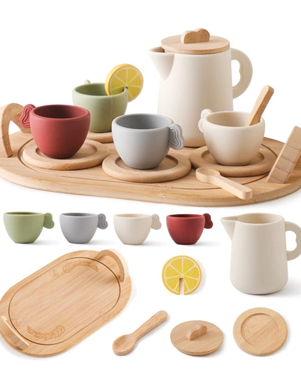 Wooden Montessori Toys Toddler Pretend Play Tea Party Set Silicone Teapot Cups Wood Tray Scoop Toys for Kids Birthday Gift