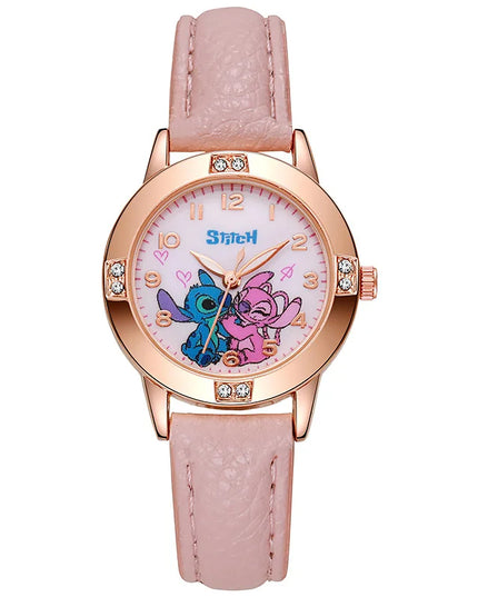 Fashion Cartoon Pattern Stitch Girls Watches Kids Leather Strap Children Watch with Rhinestone Dial reloj stich Exquisite Gift