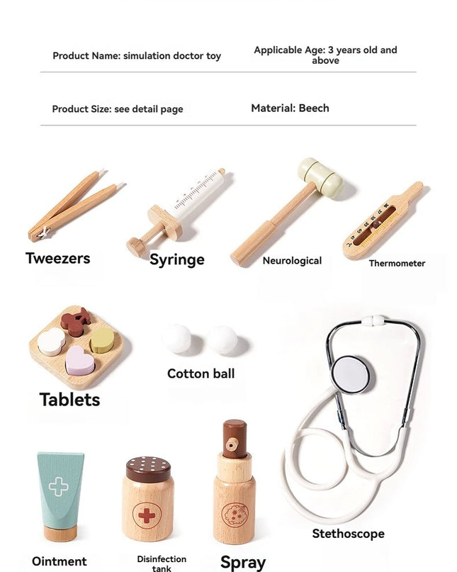 Children playing house simulation, doctors, nurses, stethoscopes, medical kits, syringes, toy sets, wooden boys and girls