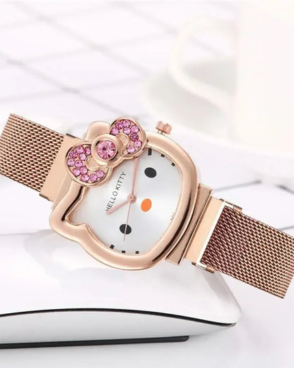 Hello Kitty Bow Diamond Watch Sanrio Anime Fashionable Quartz Watches Cute Cartoon Magnet Watches Girls Birthday Gifts