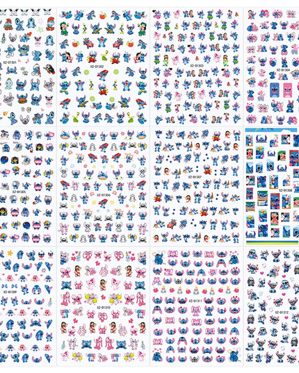 12sheet Cartoon Stitch Angel Nail Stickers Set Multiple Action Kawaii Stitch Nail Art Decals Adhesive Kids Manicure Decorations