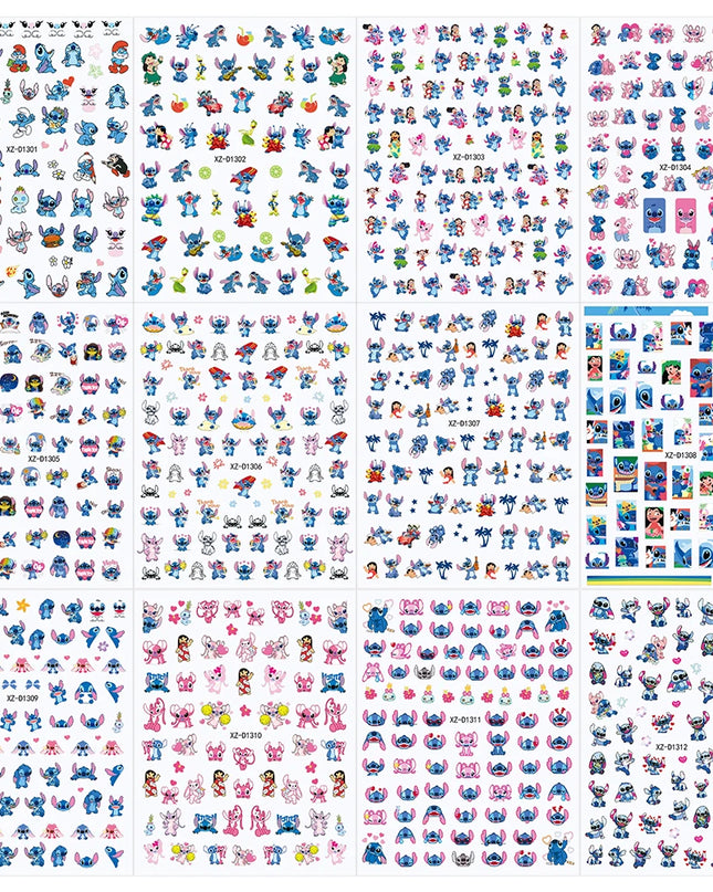 12sheet Cartoon Stitch Angel Nail Stickers Set Multiple Action Kawaii Stitch Nail Art Decals Adhesive Kids Manicure Decorations