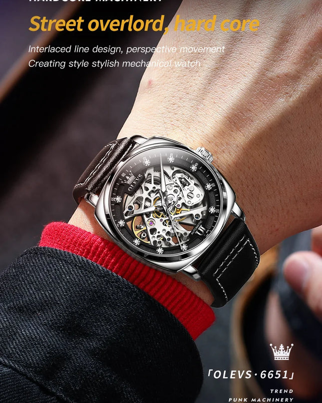 OLEVS 6651 Top Brand Men Watches Fashion Dress Automatic Mechanical Wristwatch Wateproof Luminous Hollow Flywheel Watch for man