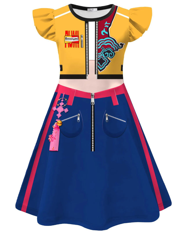 Kids Zoey Mira Rumi Demon Cosplay Costume Girls Huntrix Flying Sleeve Dress For Halloween K-Pop Idol Hunters Role Play Outfits