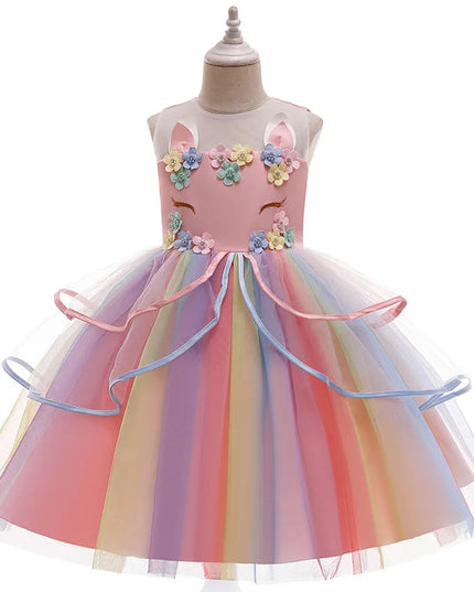 Girl Unicorn Cosplay Dress Children Party Birthday Princess Costume Sleeveless Trailing Wedding Christmas Outfit Girl Clothing
