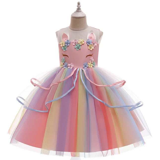 Girl Unicorn Cosplay Dress Children Party Birthday Princess Costume Sleeveless Trailing Wedding Christmas Outfit Girl Clothing