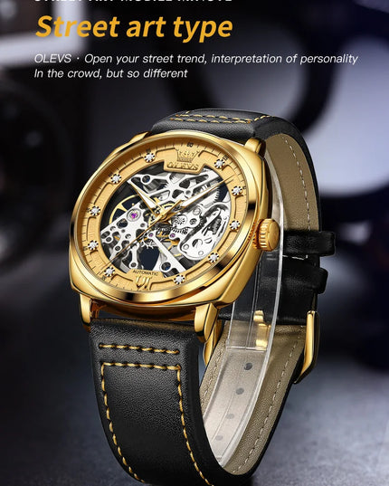 OLEVS 6651 Top Brand Men Watches Fashion Dress Automatic Mechanical Wristwatch Wateproof Luminous Hollow Flywheel Watch for man