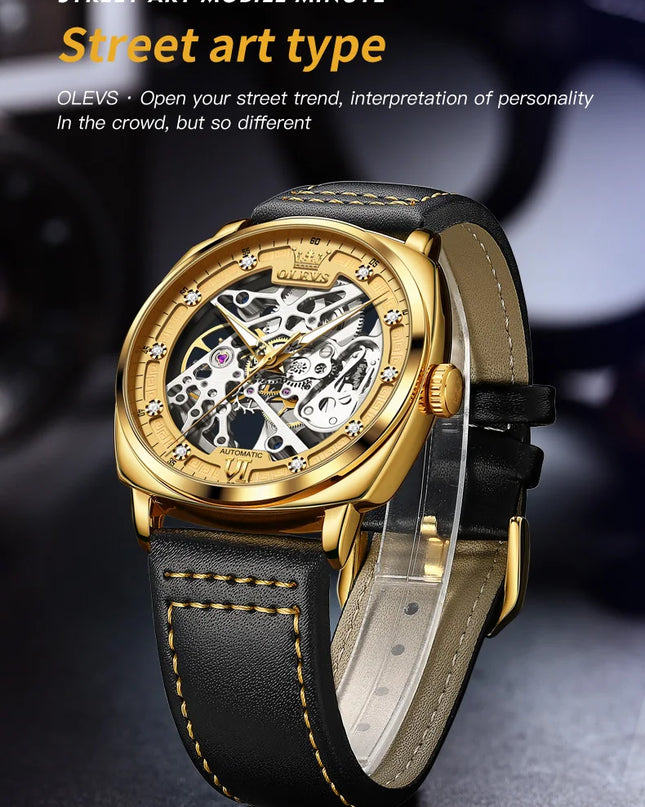OLEVS 6651 Top Brand Men Watches Fashion Dress Automatic Mechanical Wristwatch Wateproof Luminous Hollow Flywheel Watch for man