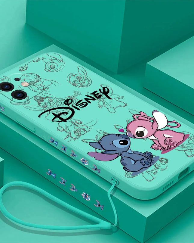 Disneys Super Cute Stitchs Couple Case For iPhone 16 15 14 13 12 11 Pro Max Mini X XR XSMAX 8 7 6S Plus Cover With Hand Strap