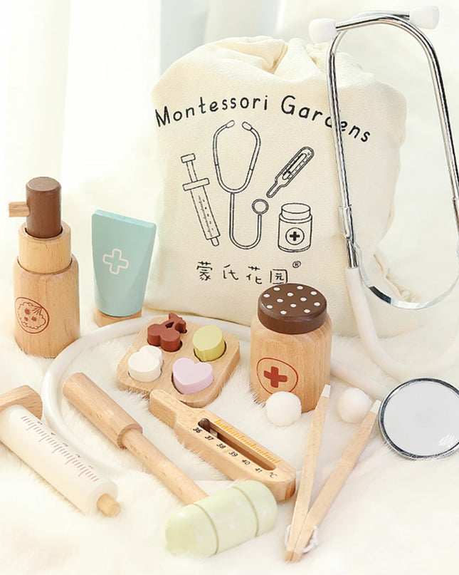 Children playing house simulation, doctors, nurses, stethoscopes, medical kits, syringes, toy sets, wooden boys and girls