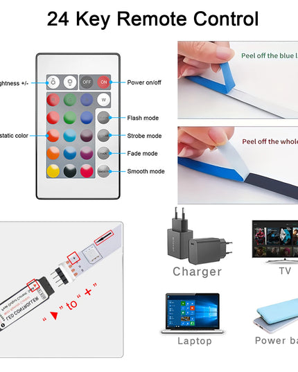 Led Strip Lights with 44 Key Remote Control 1m 5m 10m 20m RGB Tape Led Wall Room for Home Bedroom Party Decor TV Backlight