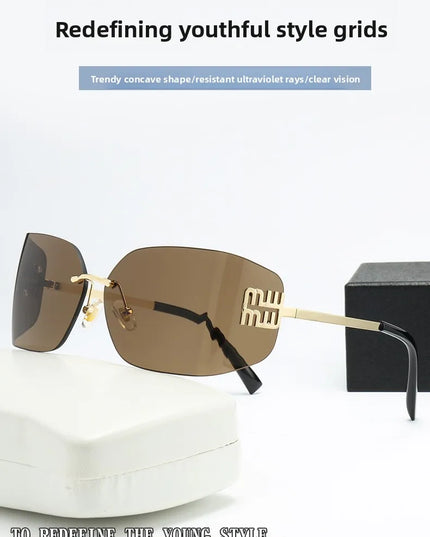Curved One-Piece Sunglasses, Frameless Square Cut-Edge Design, UV400 Protection, Women's High-End Street Style