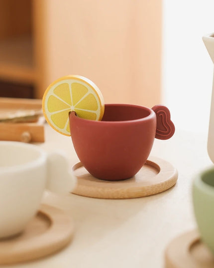 Wooden Montessori Toys Toddler Pretend Play Tea Party Set Silicone Teapot Cups Wood Tray Scoop Toys for Kids Birthday Gift