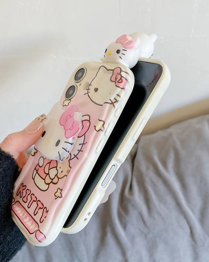 Pink Kitty Head Toy Grip Tok Holder Cartoon Wave Soft Phone Case For iPhone 16 Plus 15 14 Pro Max 13 Mini 12 11 X XS XR 7 8 SE