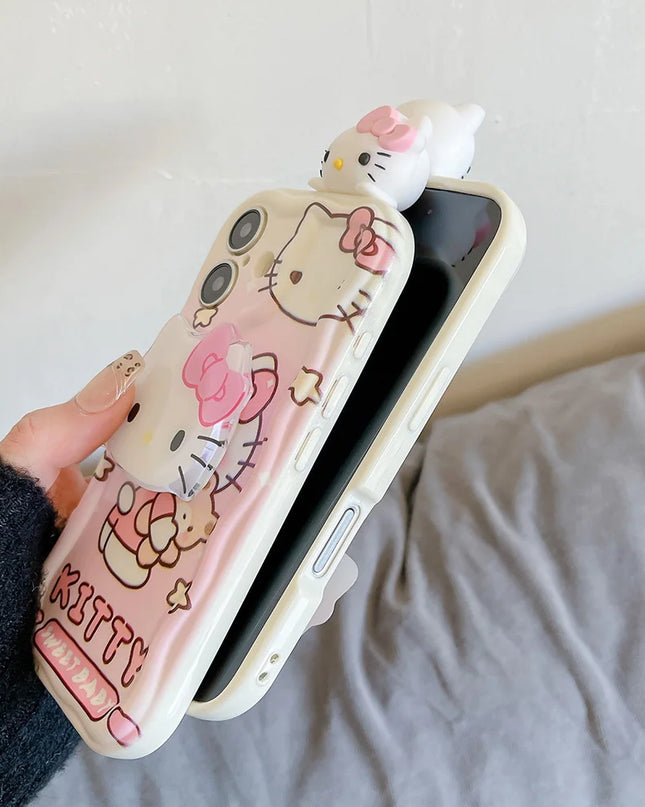 Pink Kitty Head Toy Grip Tok Holder Cartoon Wave Soft Phone Case For iPhone 16 Plus 15 14 Pro Max 13 Mini 12 11 X XS XR 7 8 SE