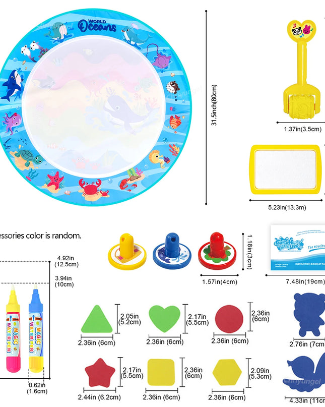 No Mess Magic Water Drawing Mat Doodle Board Reusable Educational Toy with Pens & Stamps, Gift for Toddler Boys Girls