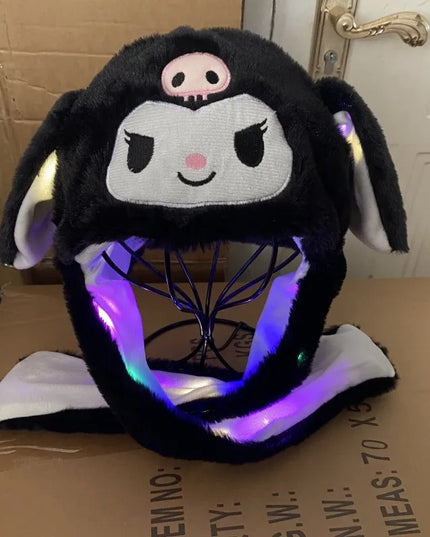 Kuromi Hello Kitty Moving Ears Cap for Girls Glowing Rabbit Hat Funny Stitch LED Plush Bunny Hats Halloween Party Accessories
