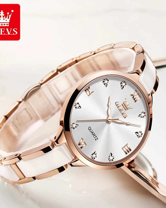 OLEVS 5872 Woman Watches Imported Japan Quartz Movement Waterproof Watch for Women Elegant Ceramic Strap Ladies Wristwatch Gifts