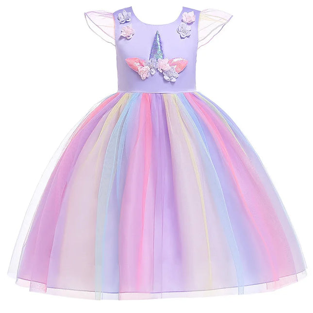 Kids Unicorn Dress for Girls Party Dresses Flower Appliques Ball Gown Little Girl Princess Costumes Summer Children Dresses