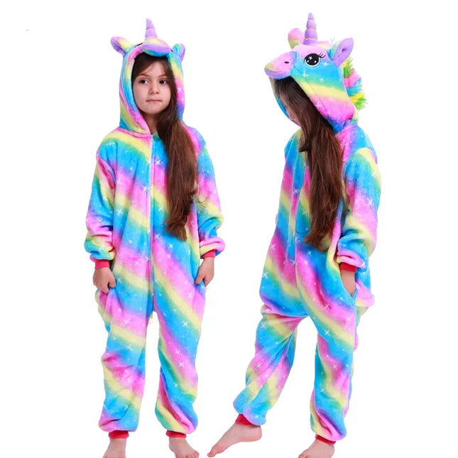 Kigurumi Children Unicorn Panda Animal Flannel Pajamas Set Kids Baby Cartoon Onesies Girls Boys Christmas Party Cosplay Costumes