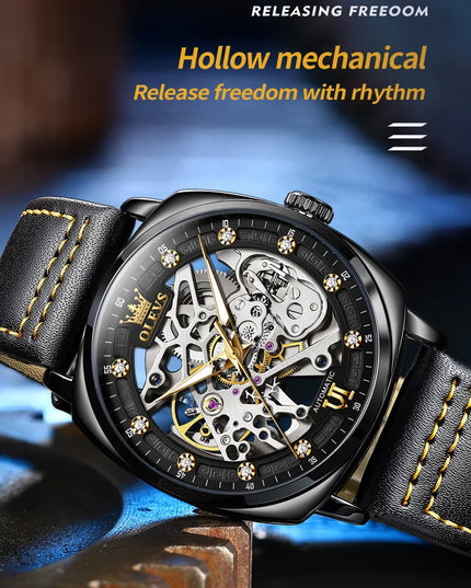 OLEVS 6651 Top Brand Men Watches Fashion Dress Automatic Mechanical Wristwatch Wateproof Luminous Hollow Flywheel Watch for man