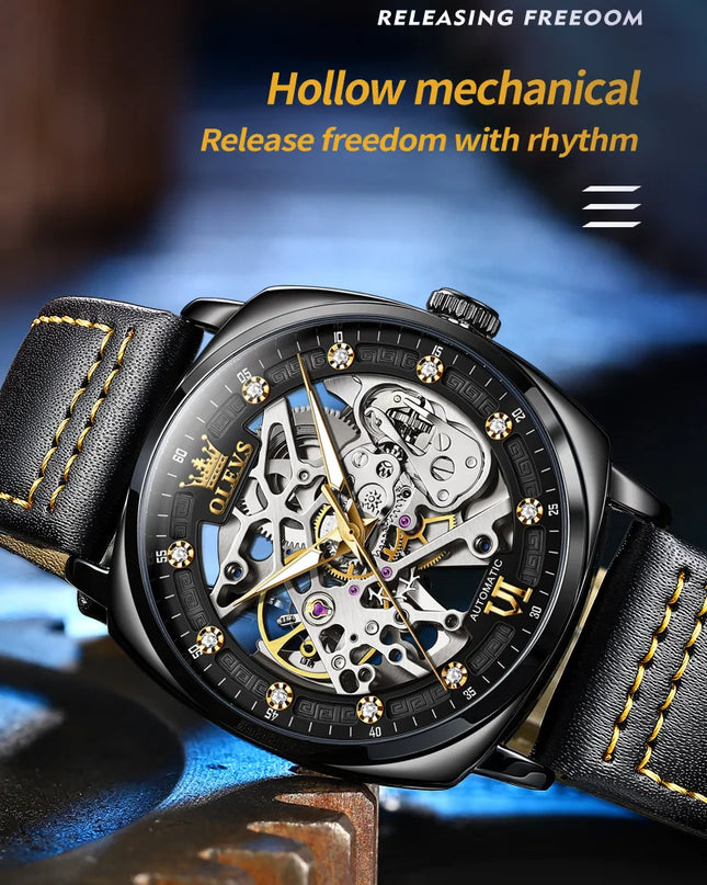 OLEVS 6651 Top Brand Men Watches Fashion Dress Automatic Mechanical Wristwatch Wateproof Luminous Hollow Flywheel Watch for man