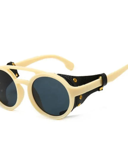 Steampunk Shields Sunglasses Men Women Classic SunGlasses With Side Leather Round Eyewear Pink UV400 Lens