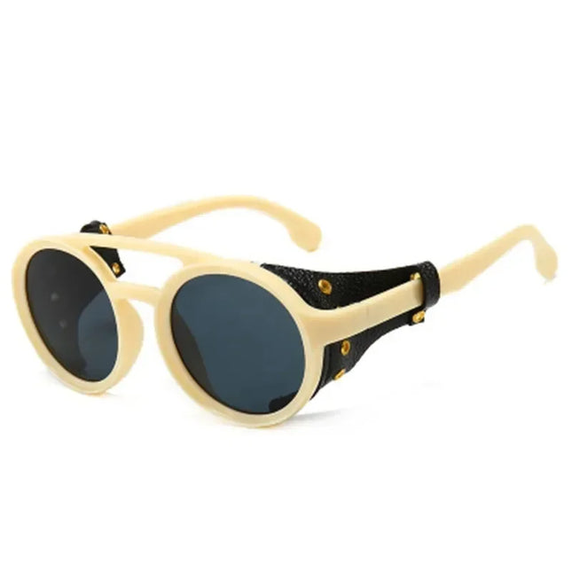 Steampunk Shields Sunglasses Men Women Classic SunGlasses With Side Leather Round Eyewear Pink UV400 Lens