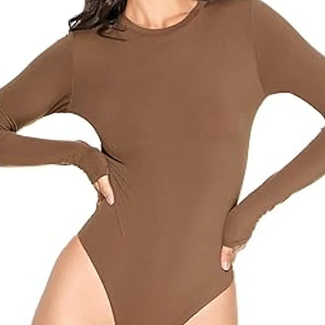 HXAO 2025 Bodysuit Women Body Sexy Women Black Brown Dark Brown Slimming Bodysuit Thong Long Sleeve Top Rave Basic Bodysuit 066