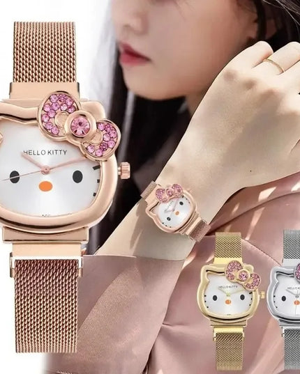 Hello Kitty Bow Diamond Watch Sanrio Anime Fashionable Quartz Watches Cute Cartoon Magnet Watches Girls Birthday Gifts