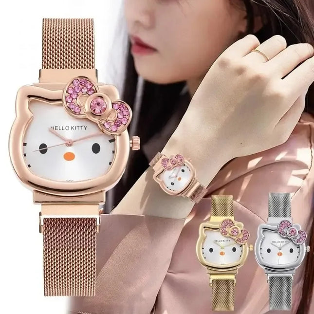 Hello Kitty Bow Diamond Watch Sanrio Anime Fashionable Quartz Watches Cute Cartoon Magnet Watches Girls Birthday Gifts