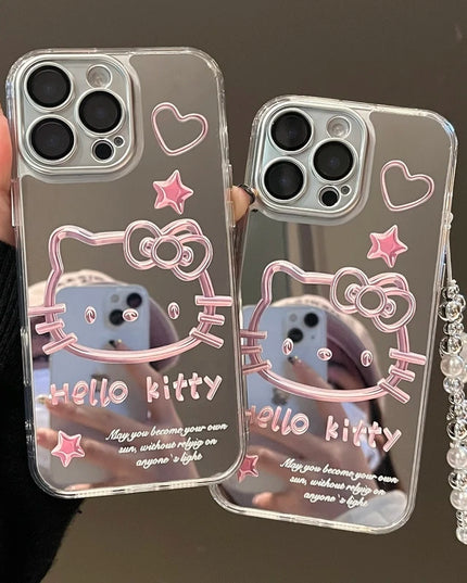 Cute Cartoon Sanrio Y2K Hello Kitty Silver Plating Phone Case For iPhone 16 15 14 13 12 11 Pro Max Cases Mirror Surface  Cover