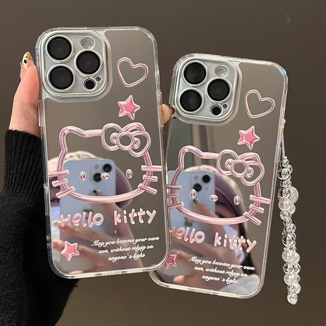 Cute Cartoon Sanrio Y2K Hello Kitty Silver Plating Phone Case For iPhone 16 15 14 13 12 11 Pro Max Cases Mirror Surface  Cover